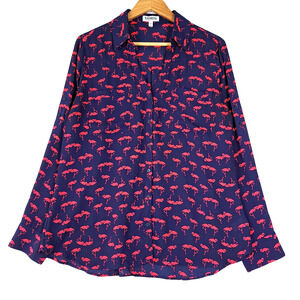 Express Shirt Womens Large The Portofino Button Top Blue Flamingo Blouse Pocket